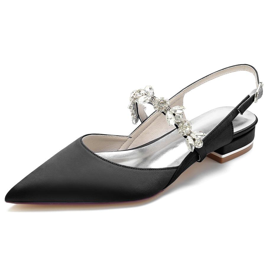 Women's Ankle Strap Rhinestone Closed Toe Silk Satin With Flat Heel Wedding Shoes