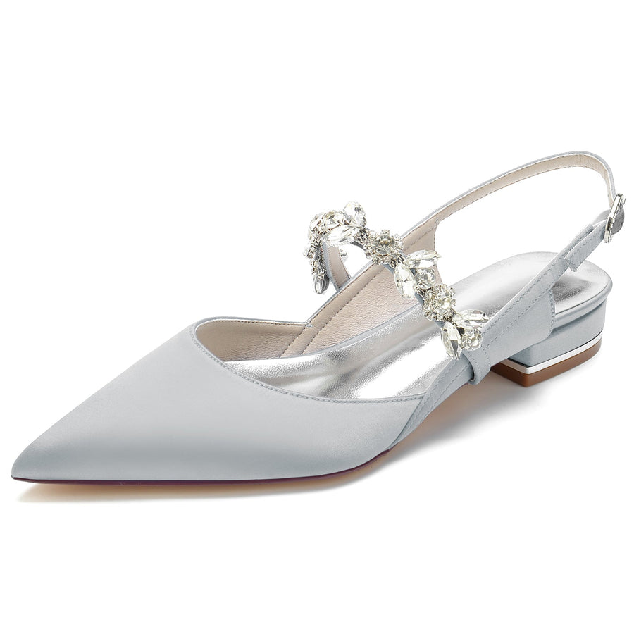 Women's Ankle Strap Rhinestone Closed Toe Silk Satin With Flat Heel Wedding Shoes