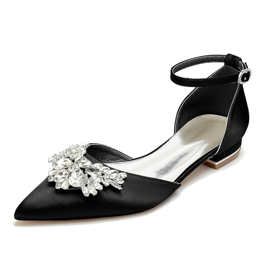 Women's Silk Satin With Ankle Strap Rhinestone Closed Toe Flat Heel Evening Shoes