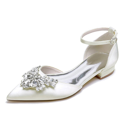 Women's Silk Satin With Ankle Strap Rhinestone Closed Toe Flat Heel Evening Shoes