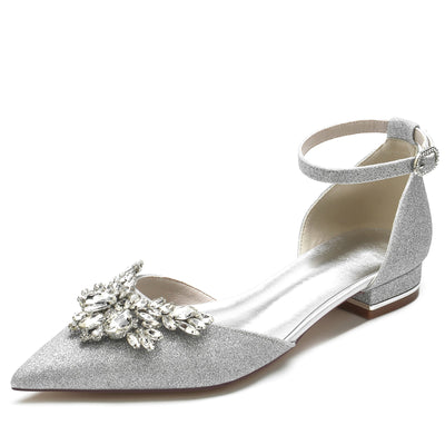 Women's Stretch Glitter With Ankle Strap Rhinestone Closed Toe Flat Heel Evening Shoes