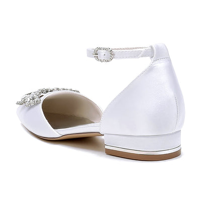 Women's Silk Satin Closed Toe With Ankle Strap Rhinestone Flat Heel Wedding Shoes