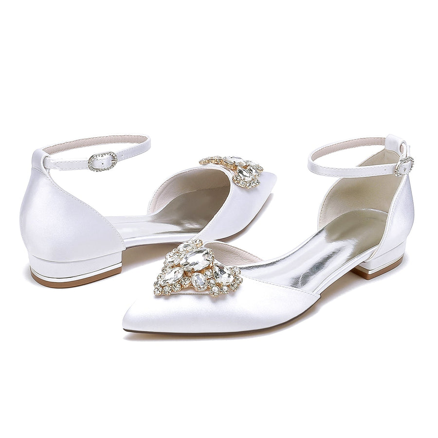 Women's Silk Satin Closed Toe With Ankle Strap Rhinestone Flat Heel Wedding Shoes