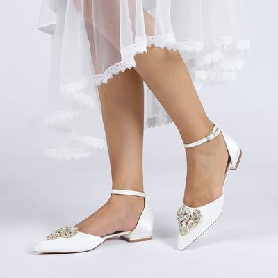 Women's Silk Satin Closed Toe With Ankle Strap Rhinestone Flat Heel Wedding Shoes