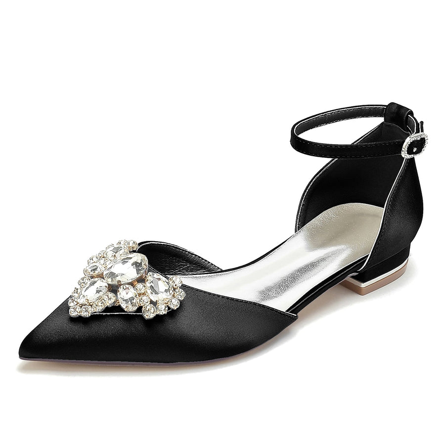 Women's Silk Satin Closed Toe With Ankle Strap Rhinestone Flat Heel Wedding Shoes