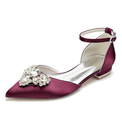 Women's Silk Satin Closed Toe With Ankle Strap Rhinestone Flat Heel Wedding Shoes