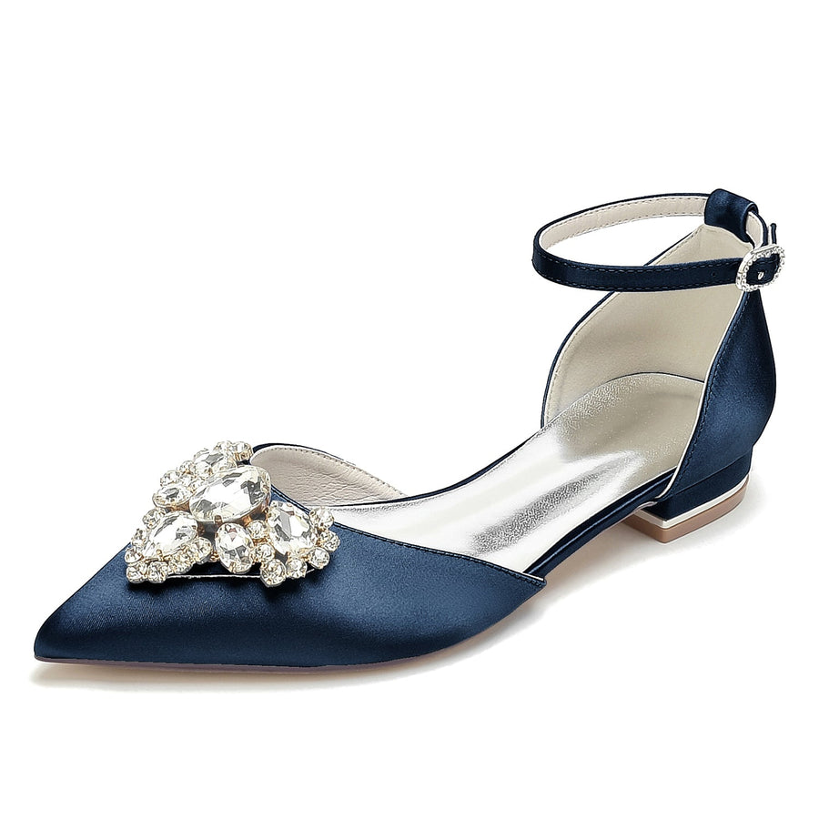 Women's Silk Satin Closed Toe With Ankle Strap Rhinestone Flat Heel Wedding Shoes