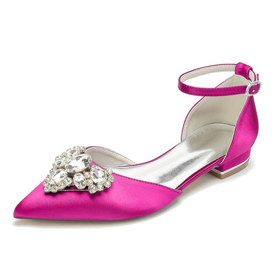 Women's Silk Satin Closed Toe With Ankle Strap Rhinestone Flat Heel Wedding Shoes