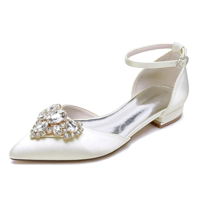 Women's Silk Satin Closed Toe With Ankle Strap Rhinestone Flat Heel Wedding Shoes