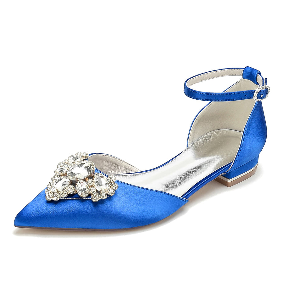 Women's Silk Satin Closed Toe With Ankle Strap Rhinestone Flat Heel Wedding Shoes