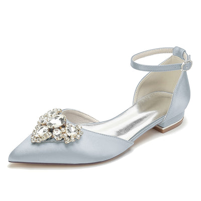 Women's Silk Satin Closed Toe With Ankle Strap Rhinestone Flat Heel Wedding Shoes