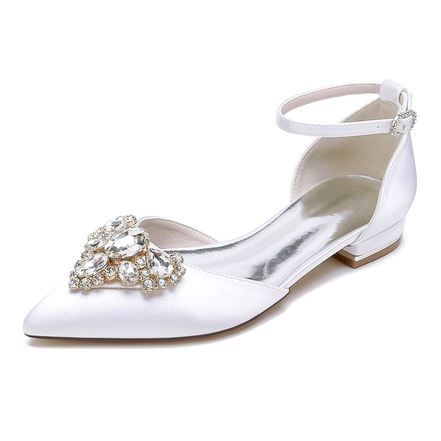 Women's Silk Satin Closed Toe With Ankle Strap Rhinestone Flat Heel Wedding Shoes