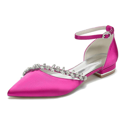 Women's Silk Satin With Ankle Strap Rhinestone Closed Toe Flat Heel Party Shoes