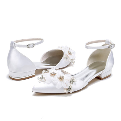 Women's Flat Heel Silk Satin With Ankle Strap Flower Closed Toe Wedding Shoes