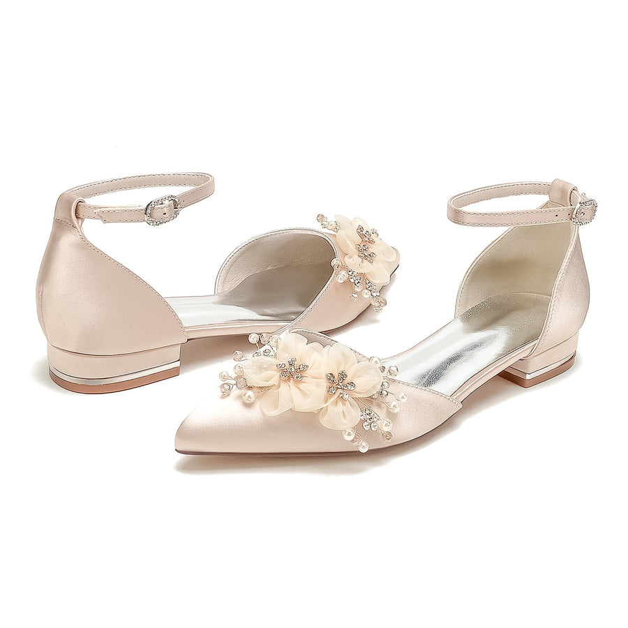 Women's Flat Heel Silk Satin With Ankle Strap Flower Closed Toe Wedding Shoes