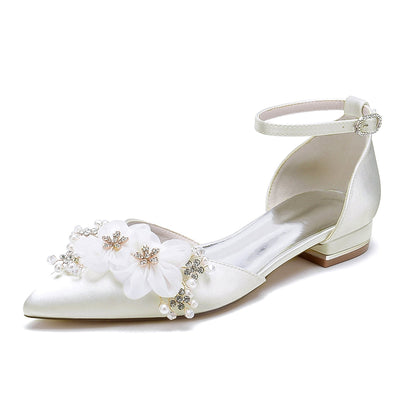 Women's Flat Heel Silk Satin With Ankle Strap Flower Closed Toe Wedding Shoes