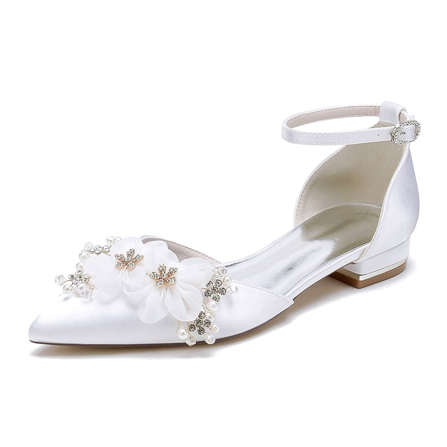 Women's Flat Heel Silk Satin With Ankle Strap Flower Closed Toe Wedding Shoes