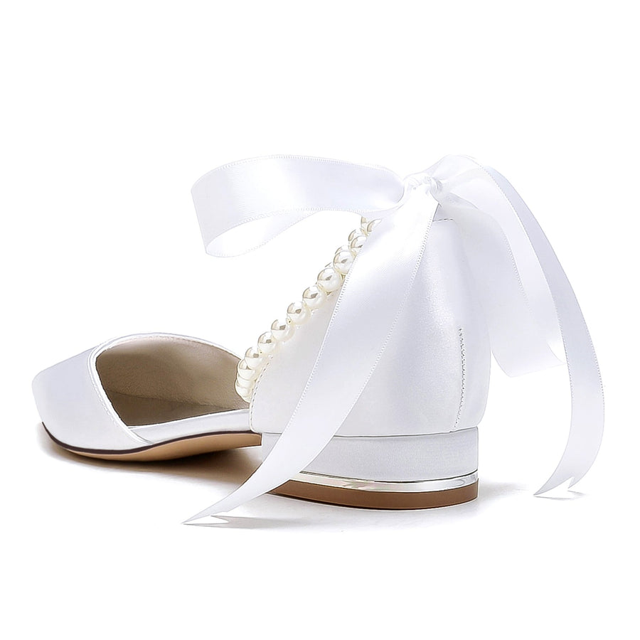 Women's Silk Satin With Ankle Strap Lace-up Pearl Closed Toe Flat Heel Evening Shoes