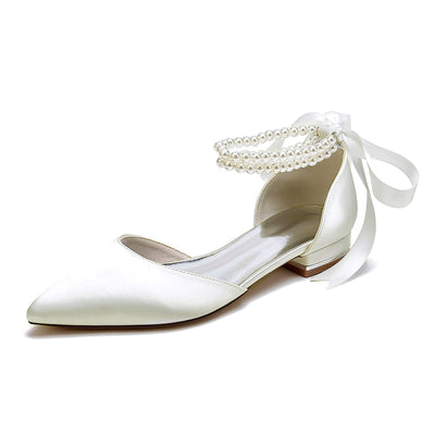 Women's Silk Satin With Ankle Strap Lace-up Pearl Closed Toe Flat Heel Evening Shoes