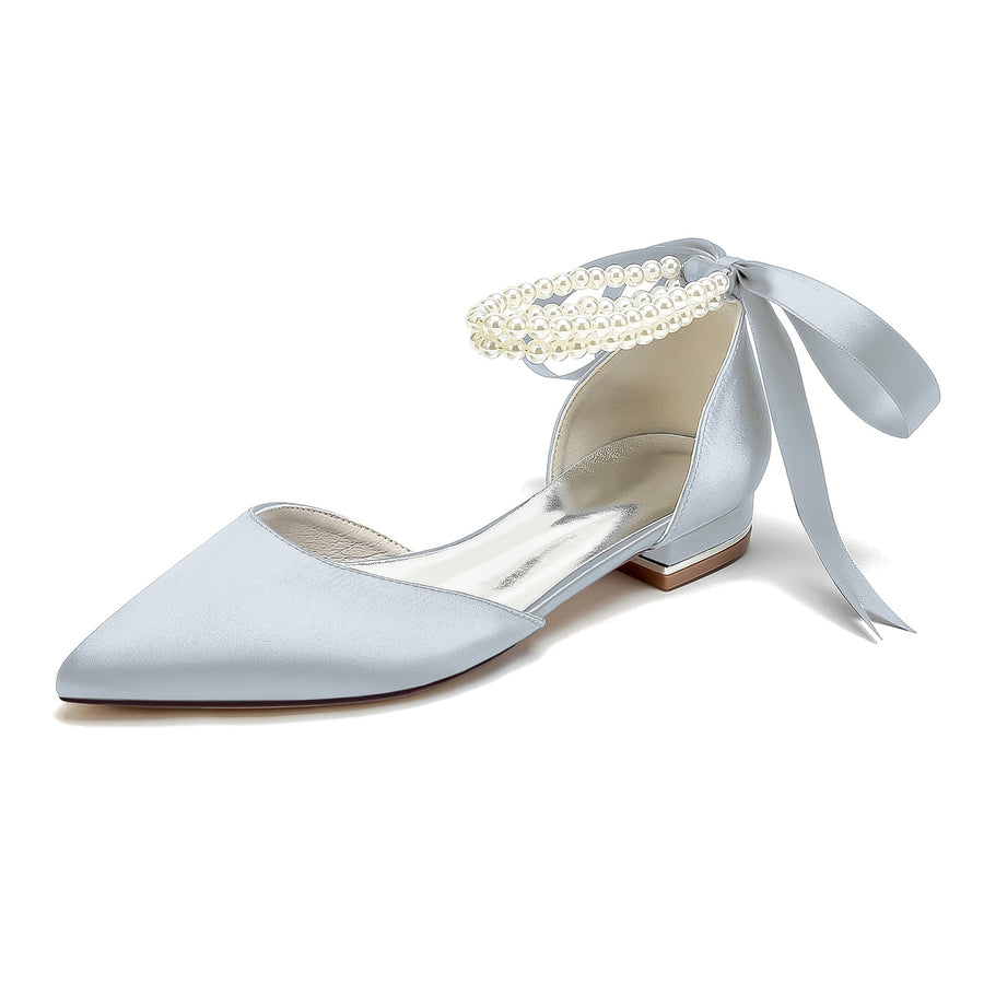 Women's Silk Satin With Ankle Strap Lace-up Pearl Closed Toe Flat Heel Evening Shoes