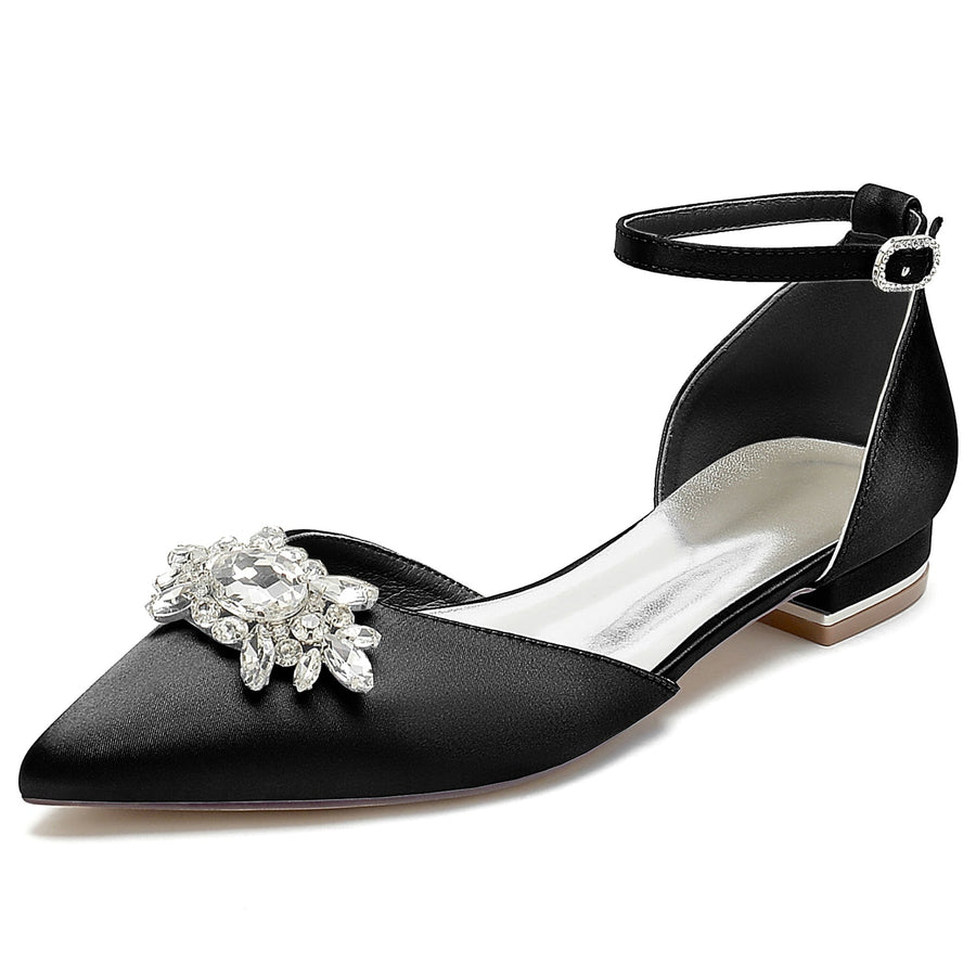 Women's Silk Satin With Ankle Strap Rhinestone Closed Toe Flat Heel Wedding Shoes