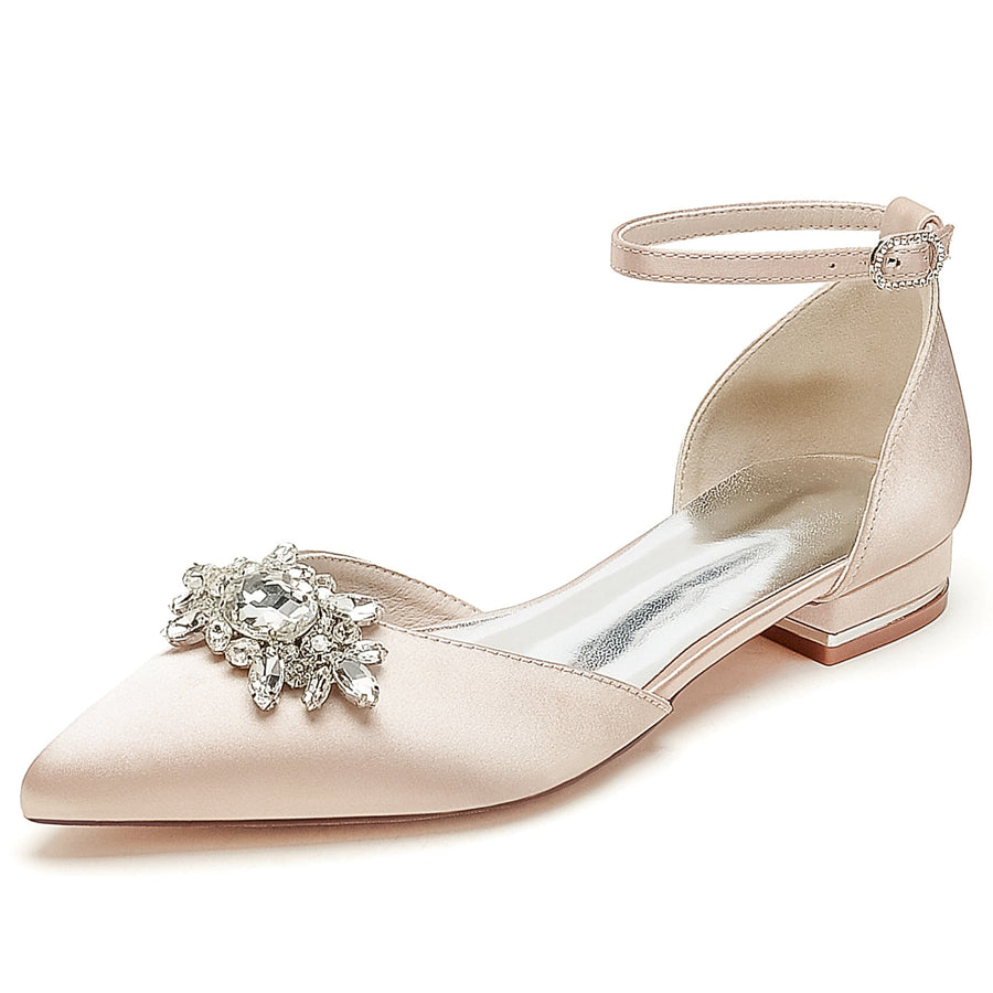 Women's Silk Satin With Ankle Strap Rhinestone Closed Toe Flat Heel Wedding Shoes