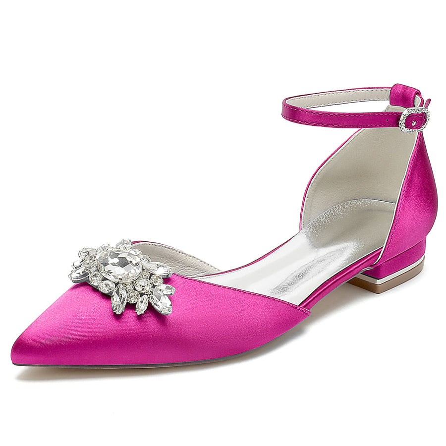 Women's Silk Satin With Ankle Strap Rhinestone Closed Toe Flat Heel Wedding Shoes