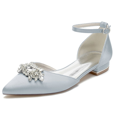 Women's Silk Satin With Ankle Strap Rhinestone Closed Toe Flat Heel Wedding Shoes