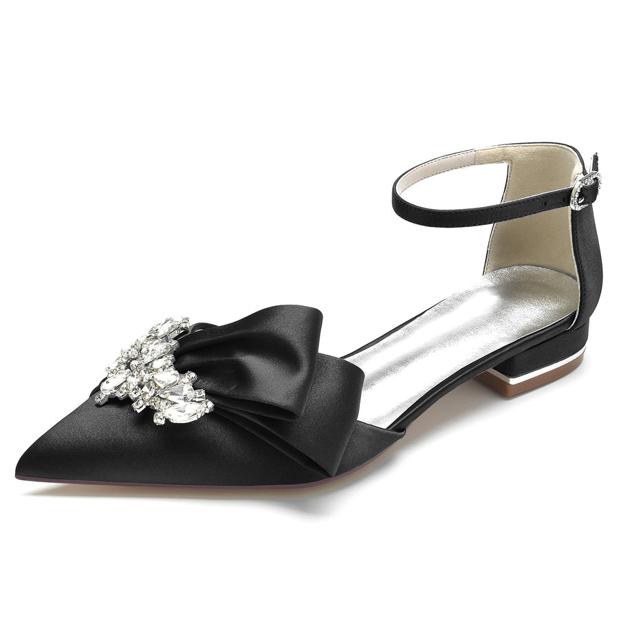 Women's Ankle Strap Rhinestone Silk Satin With Closed Toe Flat Heel Wedding Shoes