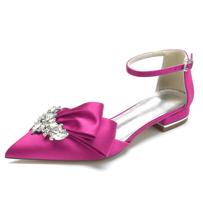 Women's Ankle Strap Rhinestone Silk Satin With Closed Toe Flat Heel Wedding Shoes