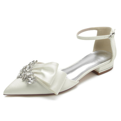 Women's Ankle Strap Rhinestone Silk Satin With Closed Toe Flat Heel Wedding Shoes