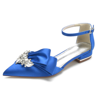 Women's Ankle Strap Rhinestone Silk Satin With Closed Toe Flat Heel Wedding Shoes