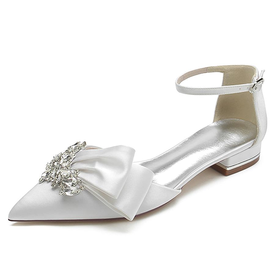 Women's Ankle Strap Rhinestone Silk Satin With Closed Toe Flat Heel Wedding Shoes