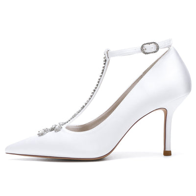 Women's Ankle Strap Silk Satin With Rhinestone Closed Toe Stiletto Heel Wedding Shoes