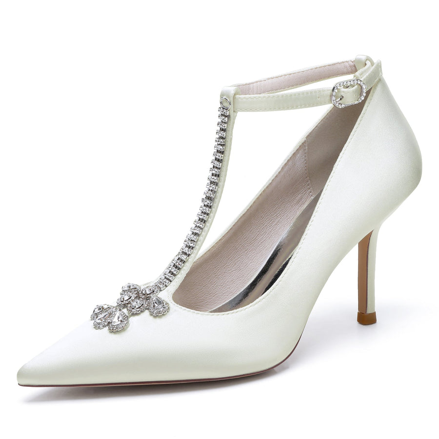 Women's Ankle Strap Silk Satin With Rhinestone Closed Toe Stiletto Heel Wedding Shoes