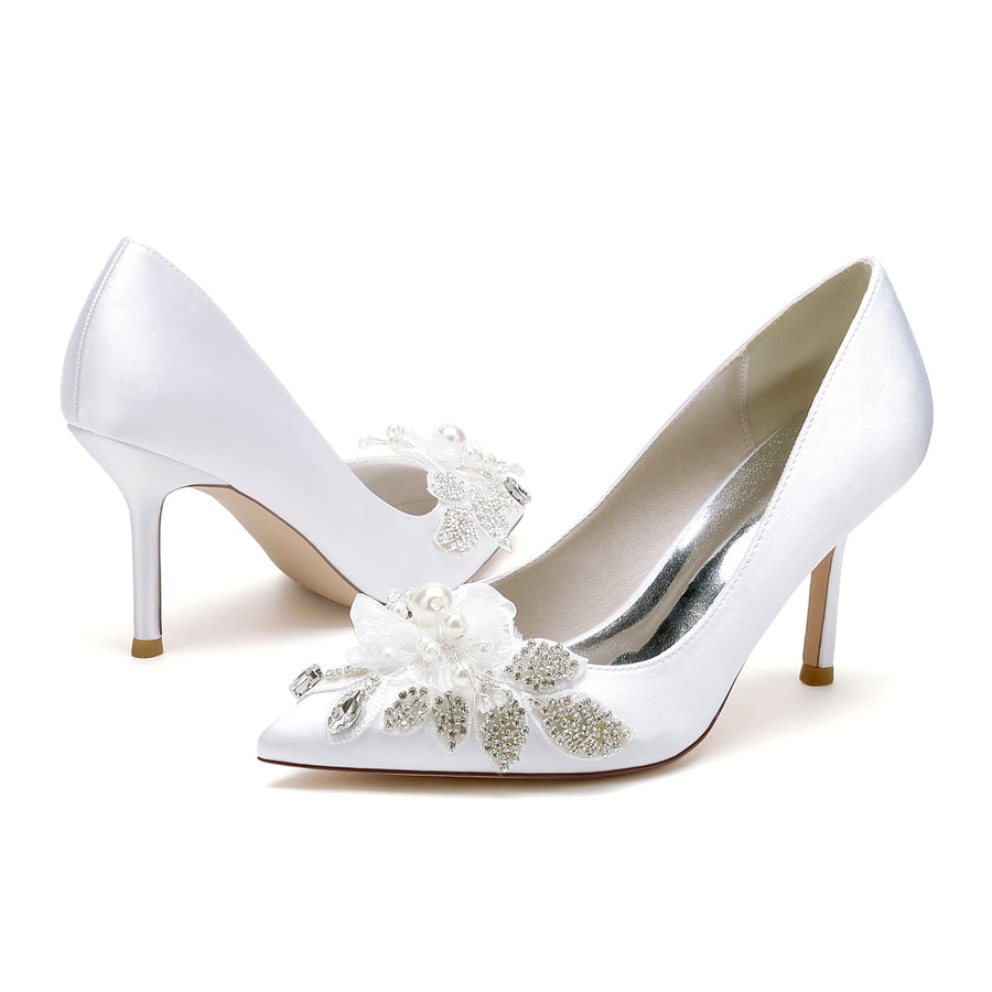 Women's Silk Satin With Flower Rhinestone Closed Toe Stiletto Heel Evening Shoes