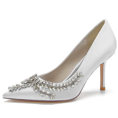 Women's Silk Satin With Rhinestone Closed Toe Stiletto Heel Wedding Shoes