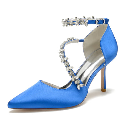 Women's Silk Satin With Ankle Strap Rhinestone Closed Toe Stiletto Heel Party Shoes