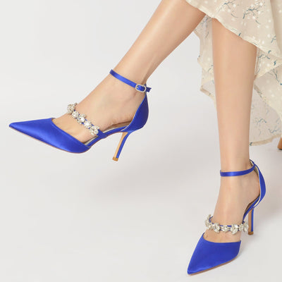 Women's Ankle Strap Silk Satin With Ankle Strap Rhinestone Closed Toe Stiletto Heel Evening Shoes