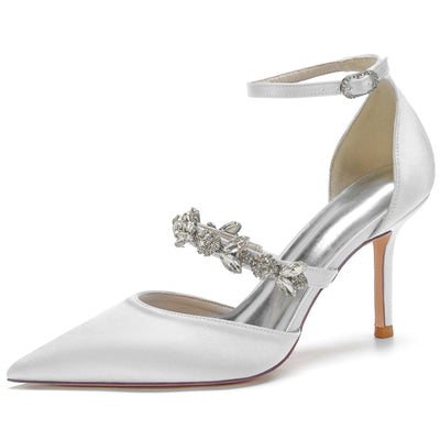 Women's Ankle Strap Silk Satin With Ankle Strap Rhinestone Closed Toe Stiletto Heel Evening Shoes