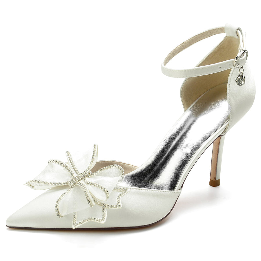 Women's Silk Satin With Ankle Strap Bowknot Closed Toe Stiletto Heel Party Shoes