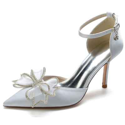 Women's Silk Satin With Ankle Strap Bowknot Closed Toe Stiletto Heel Party Shoes