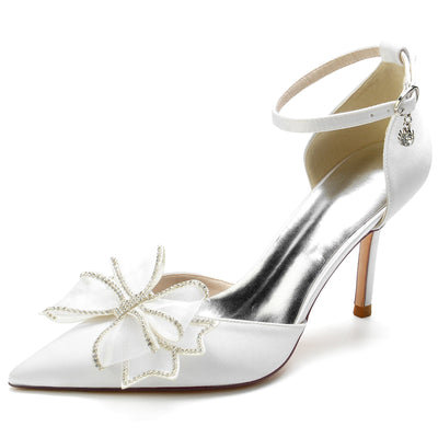 Women's Silk Satin With Ankle Strap Bowknot Closed Toe Stiletto Heel Party Shoes