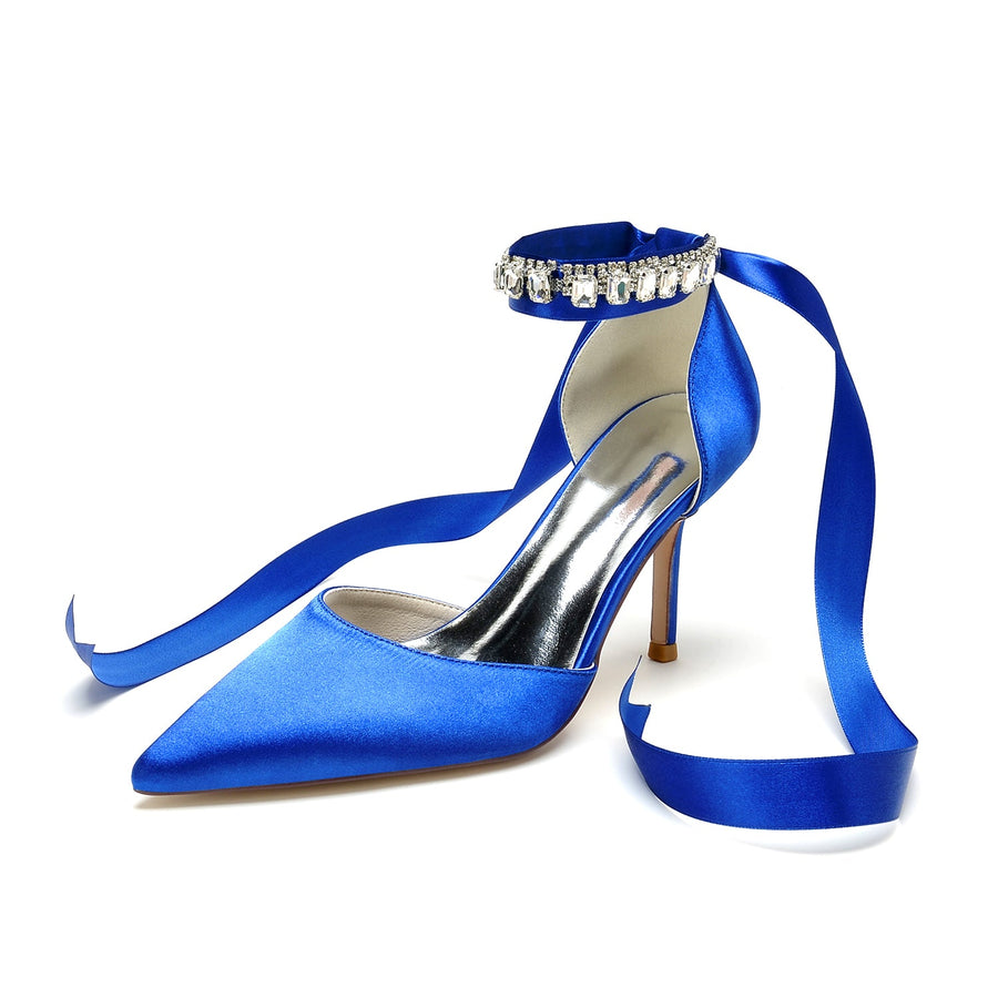 Women's Silk Satin With Ankle Strap Lace-up Pearl Rhinestone Closed Toe Stiletto Heel Evening Shoes