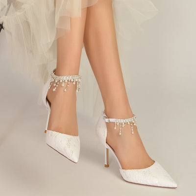 Women's Lace With Ankle Strap Lace Tassel Closed Toe Stiletto Heel Wedding Shoes