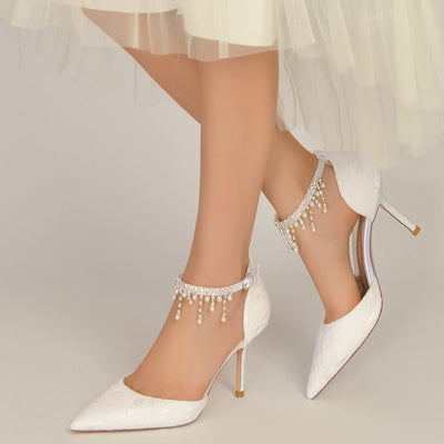 Women's Lace With Ankle Strap Lace Tassel Closed Toe Stiletto Heel Wedding Shoes