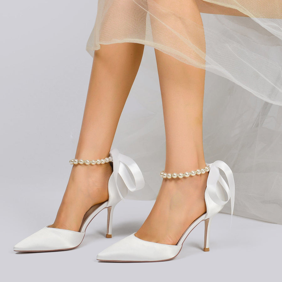 Women's Silk Satin With Lace-up Ankle Strap Pearl Closed Toe Stiletto Heel Wedding Shoes