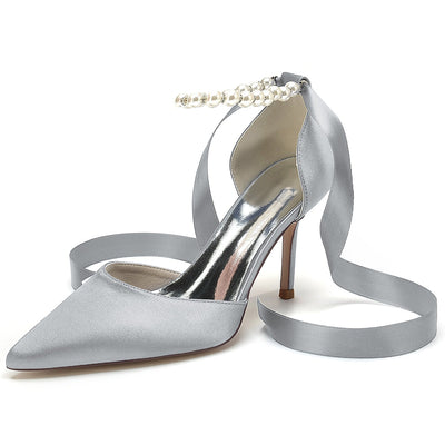 Women's Silk Satin With Lace-up Ankle Strap Pearl Closed Toe Stiletto Heel Wedding Shoes