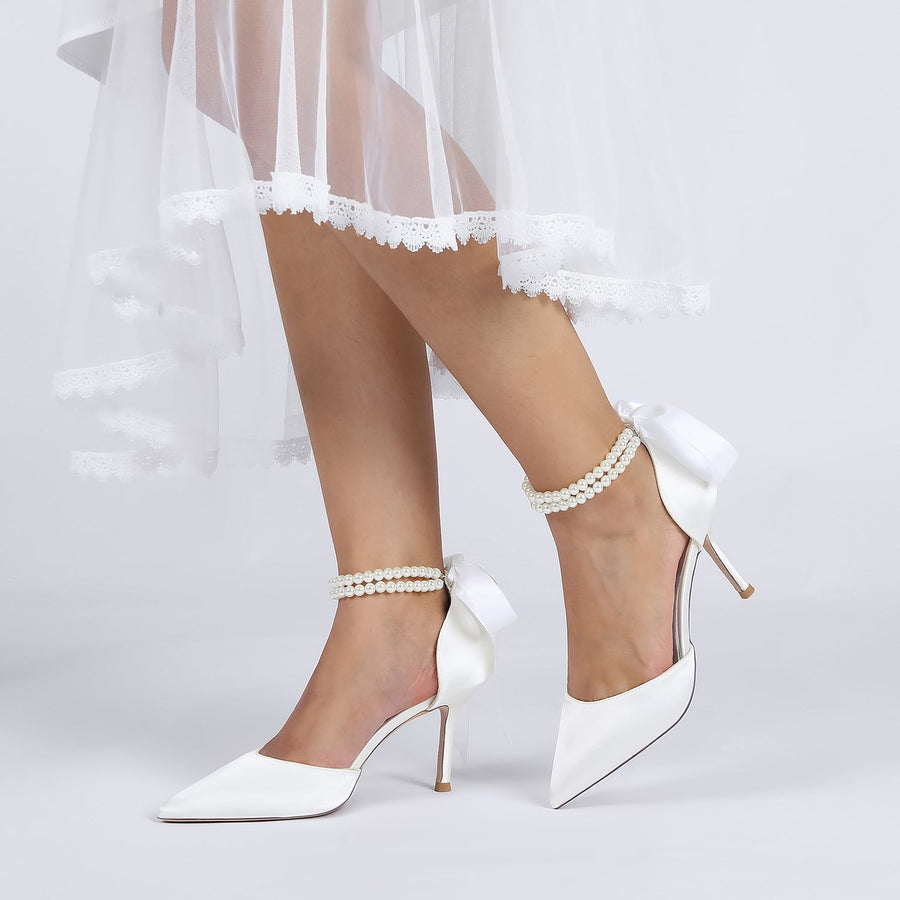 Women's Silk Satin With Pearl Closed Toe Ankle Strap Lace-up Stiletto Heel Wedding Shoes