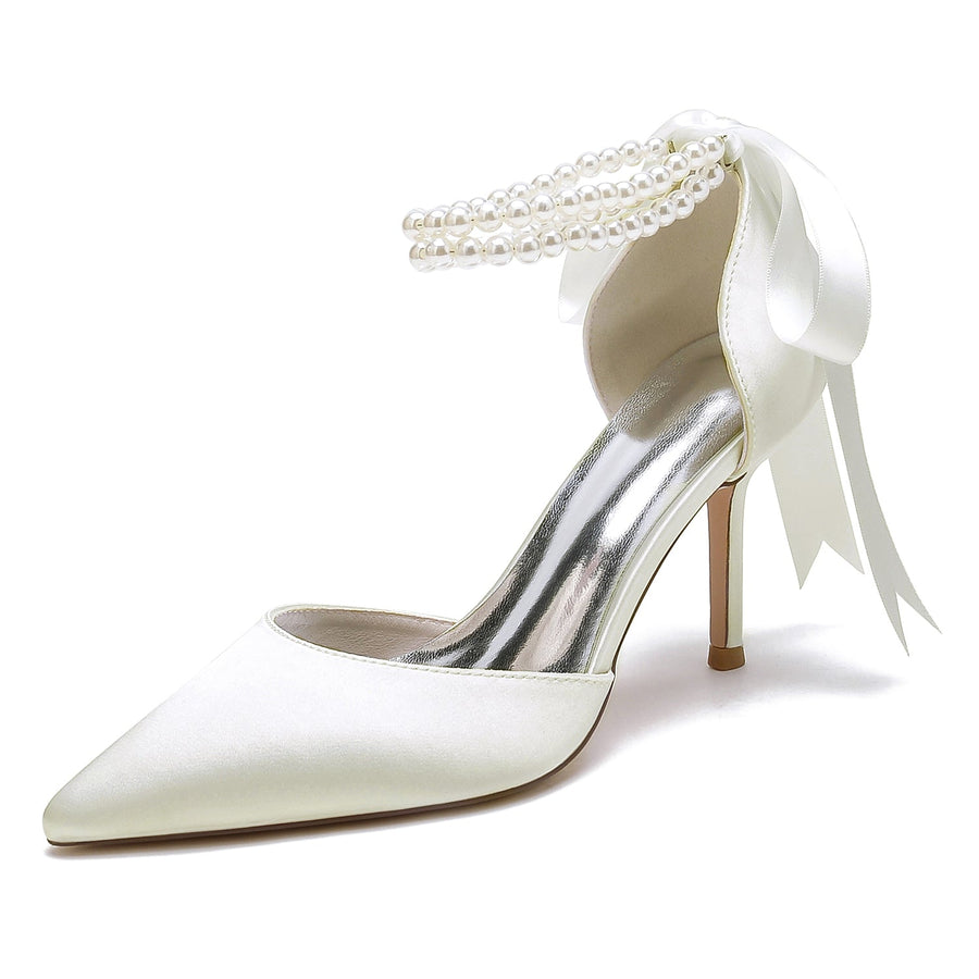 Women's Silk Satin With Pearl Closed Toe Ankle Strap Lace-up Stiletto Heel Wedding Shoes